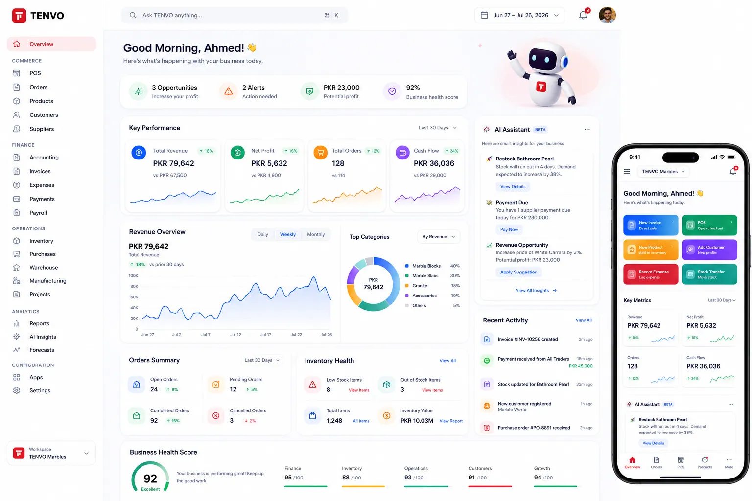 TENVO Hub on desktop and mobile with live KPIs, AI insights, and unified commerce modules