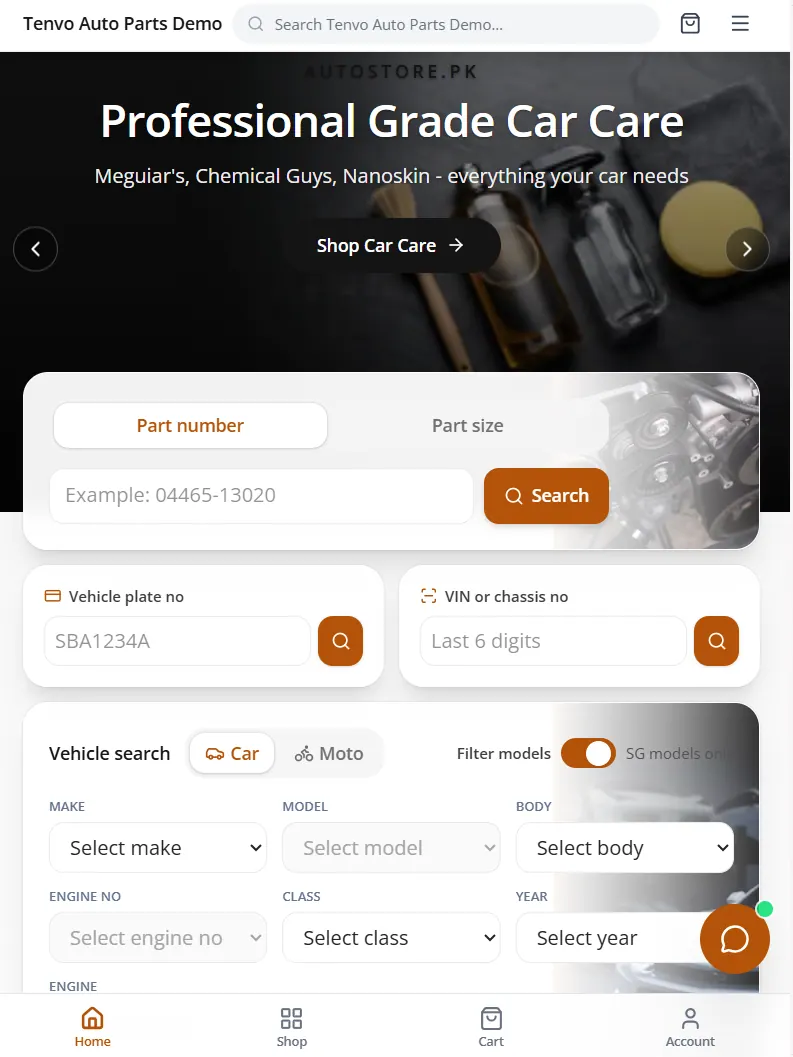 Auto parts mobile storefront tab