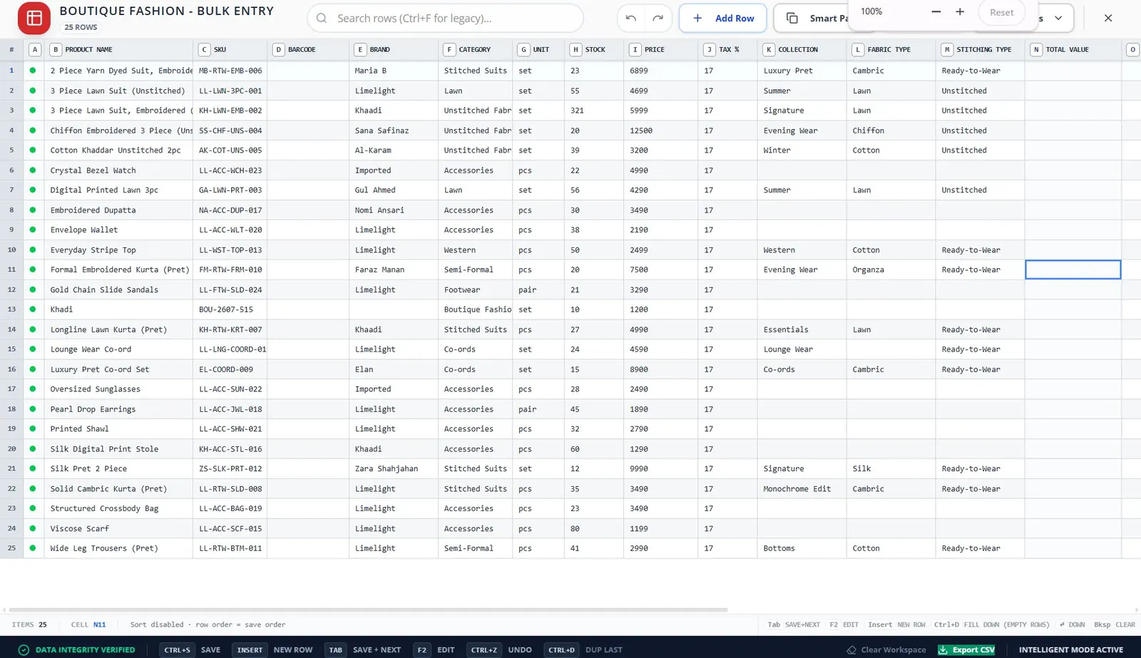 TENVO Excel-style inventory data entry